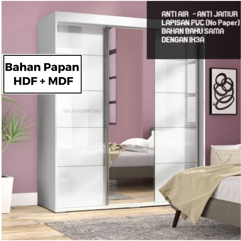 Lemari Pakaian Sliding Jumbo 3 Pintu Bahan HDF Lapisan PVC Neillsville Series