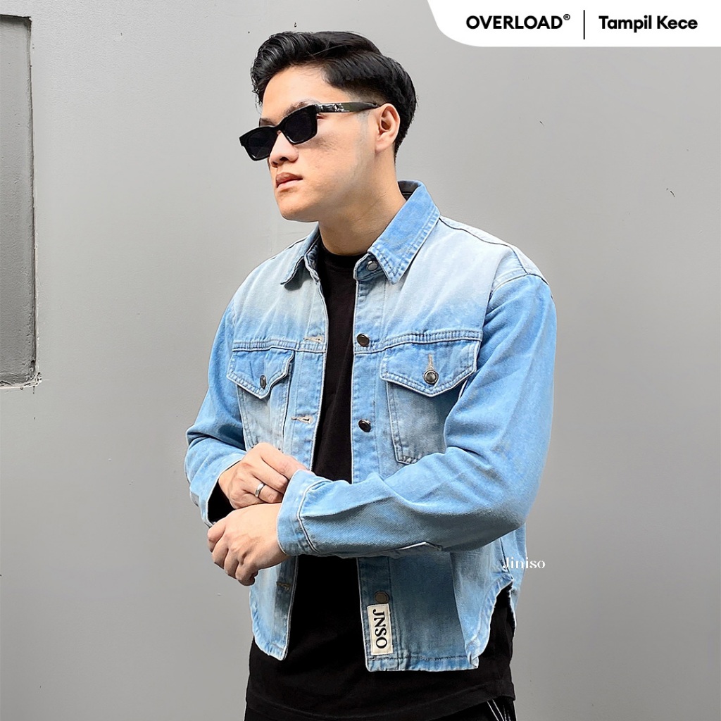 JINISO Pria Jaket Jeans Oversize Rider Light Blue Denim