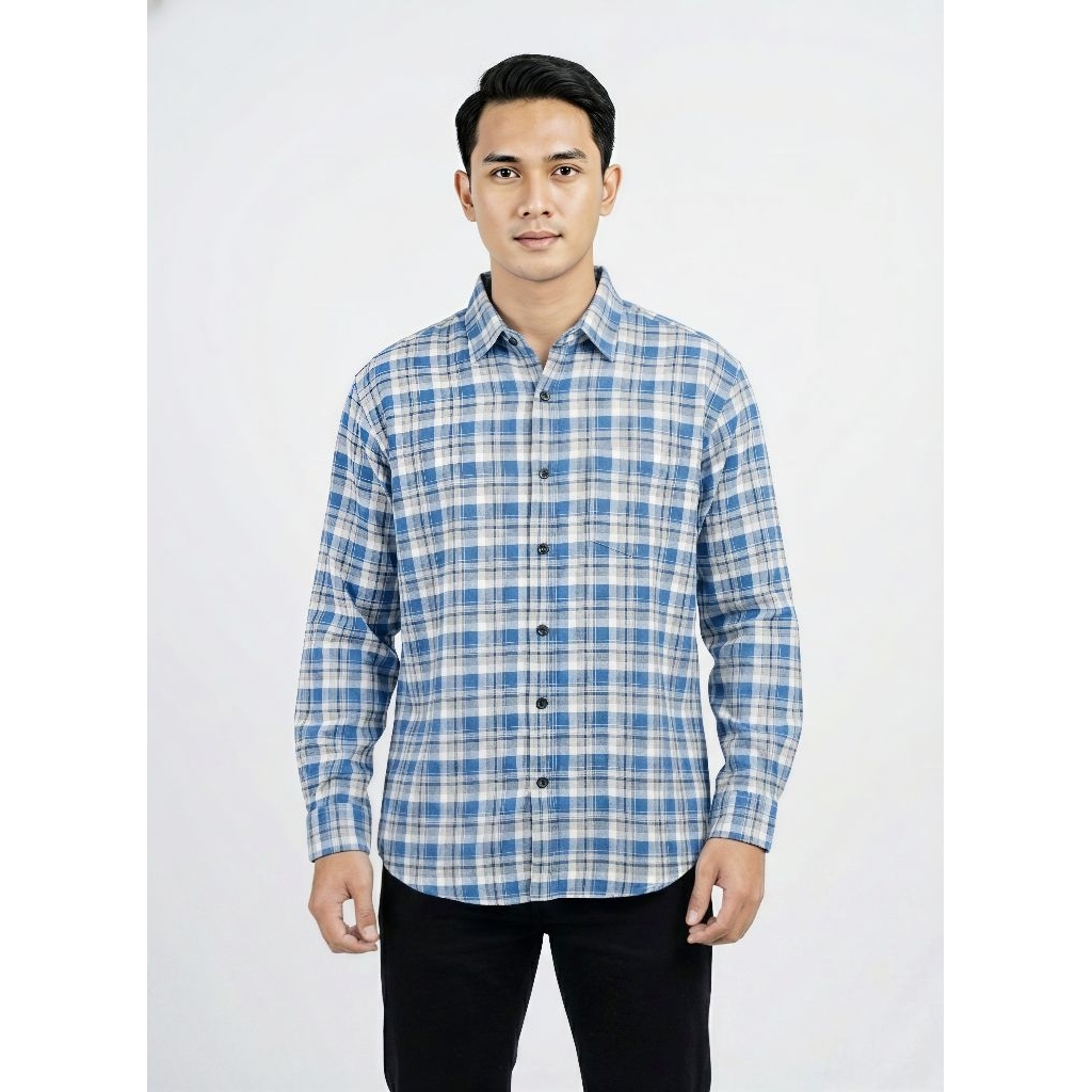 Kemeja Flanel POLO idn Laki Laki Motif kotak kotak biru langit lengan panjang Original Fulltag Kemej