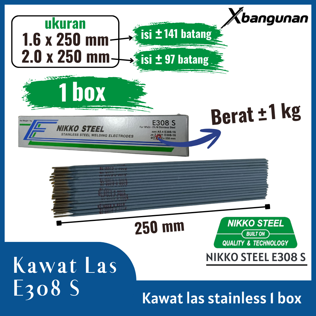 1 Box Kawat Las Stainless Nikko Steel Welding Electrode E308 S 1.6 - 2.0 x 250 mm