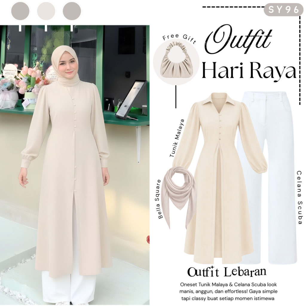 Syakira 4in1 Outfit Hijab Wanita Terbaru(Bella Square + Tunik + Celana)One Set Tunik Kekinian - SY96