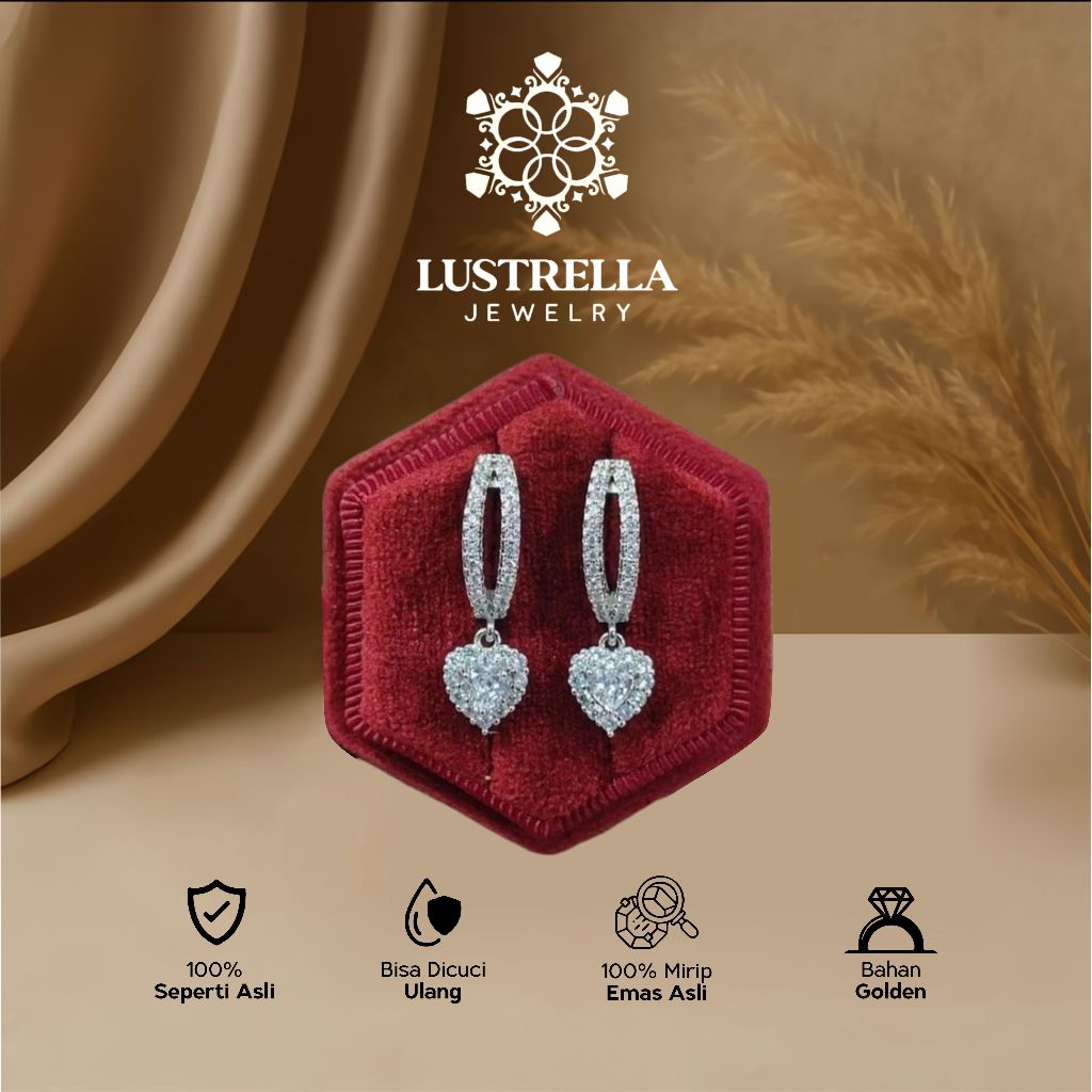 Anting Wanita Oval Drop Love | Anting Panjang Hati Full Batu Mewah Replika Emas Asli
