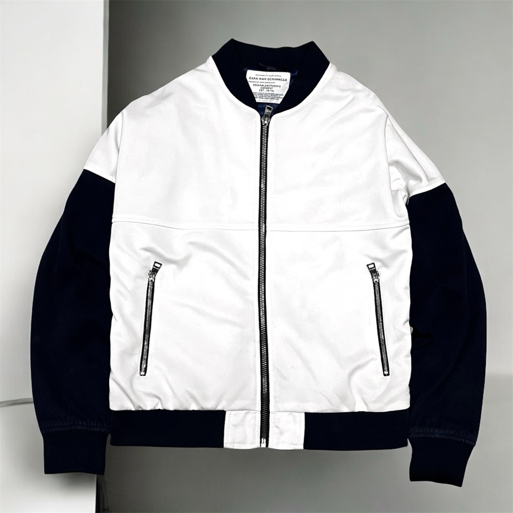 Zara Bomber Jacket Denim Blue / White Authentic Original