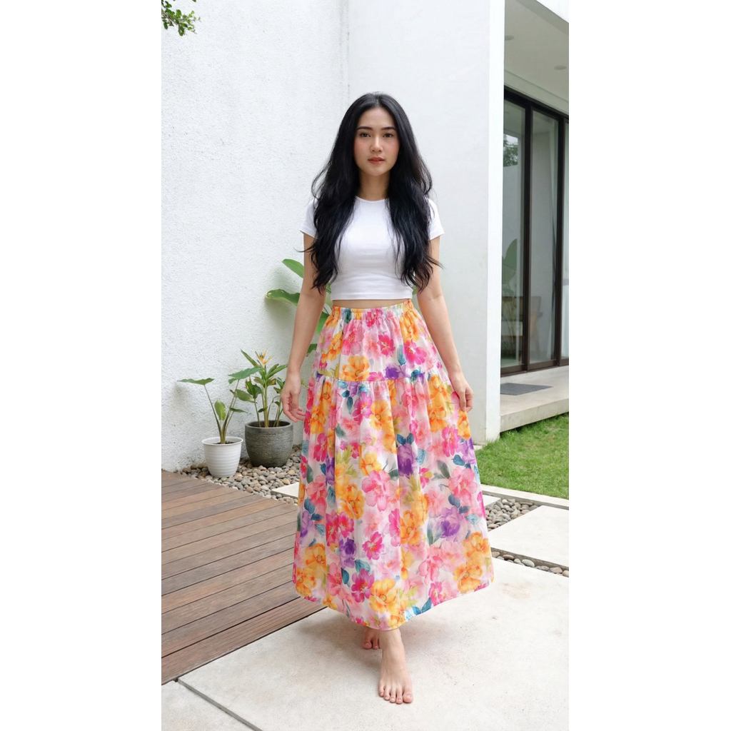 Rok Panjang Floral Maxi Skirt Motif Bunga Cantik Aesthetic - Rok Korea Wanita Tiered Skirt Flowy Pre