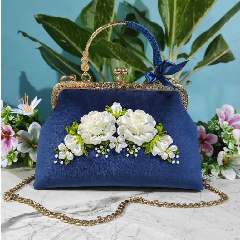 Tas Selempang Wanita Handmade Sulam Pita Bunga Premium Sling Bag Pesta Mewah Unik - Navy