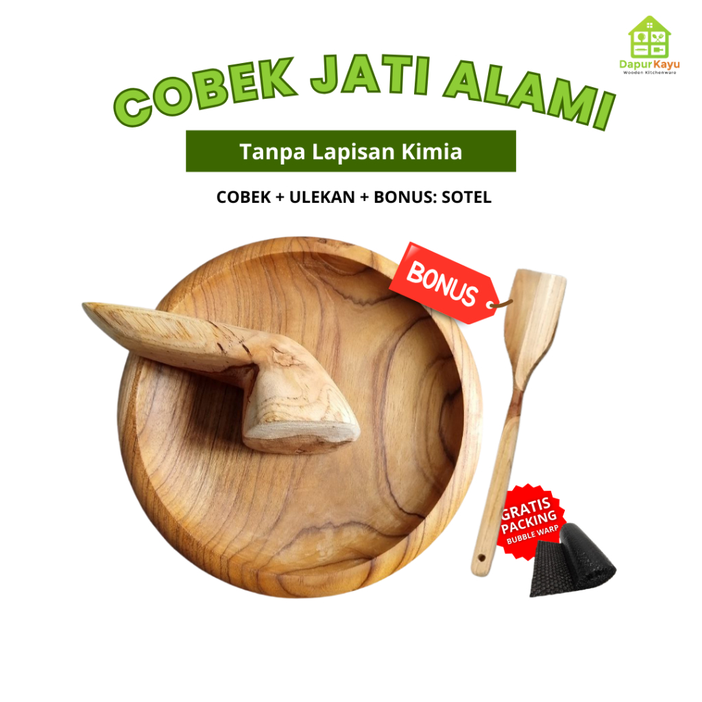 COBEK KAYU JATI ALAMI - TANPA PERNIS & KIMIA | BONUS SOTEL JATI