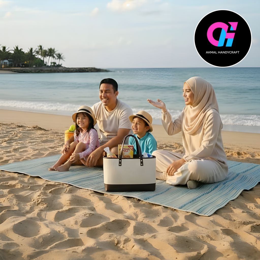 Akmal Handycraft Tas Belanja Unik Jumbo Anyaman Pandan & Kulit Sintesis Hitam Coklat Gold Ukuran Jum