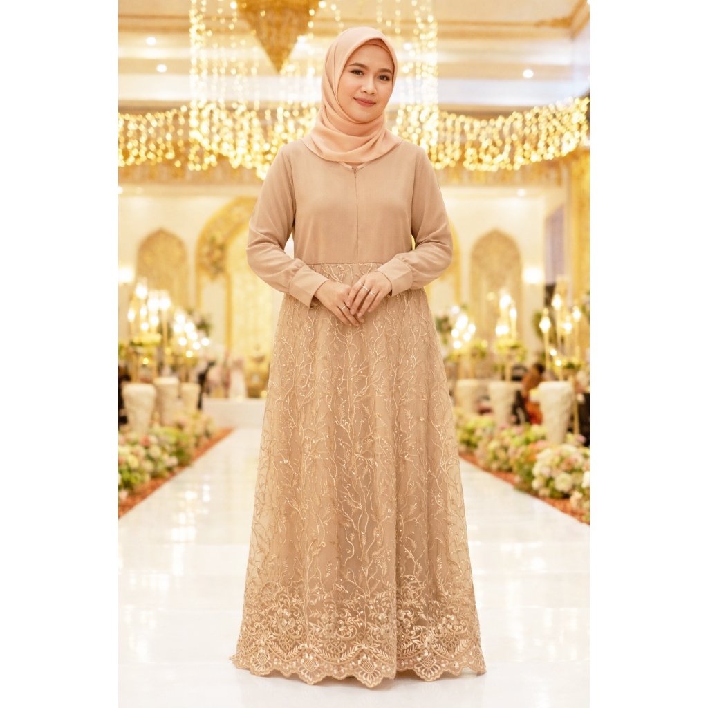 Gamis PREMIUM Spandek Brokat + Hijab Coksu Motif Bordir