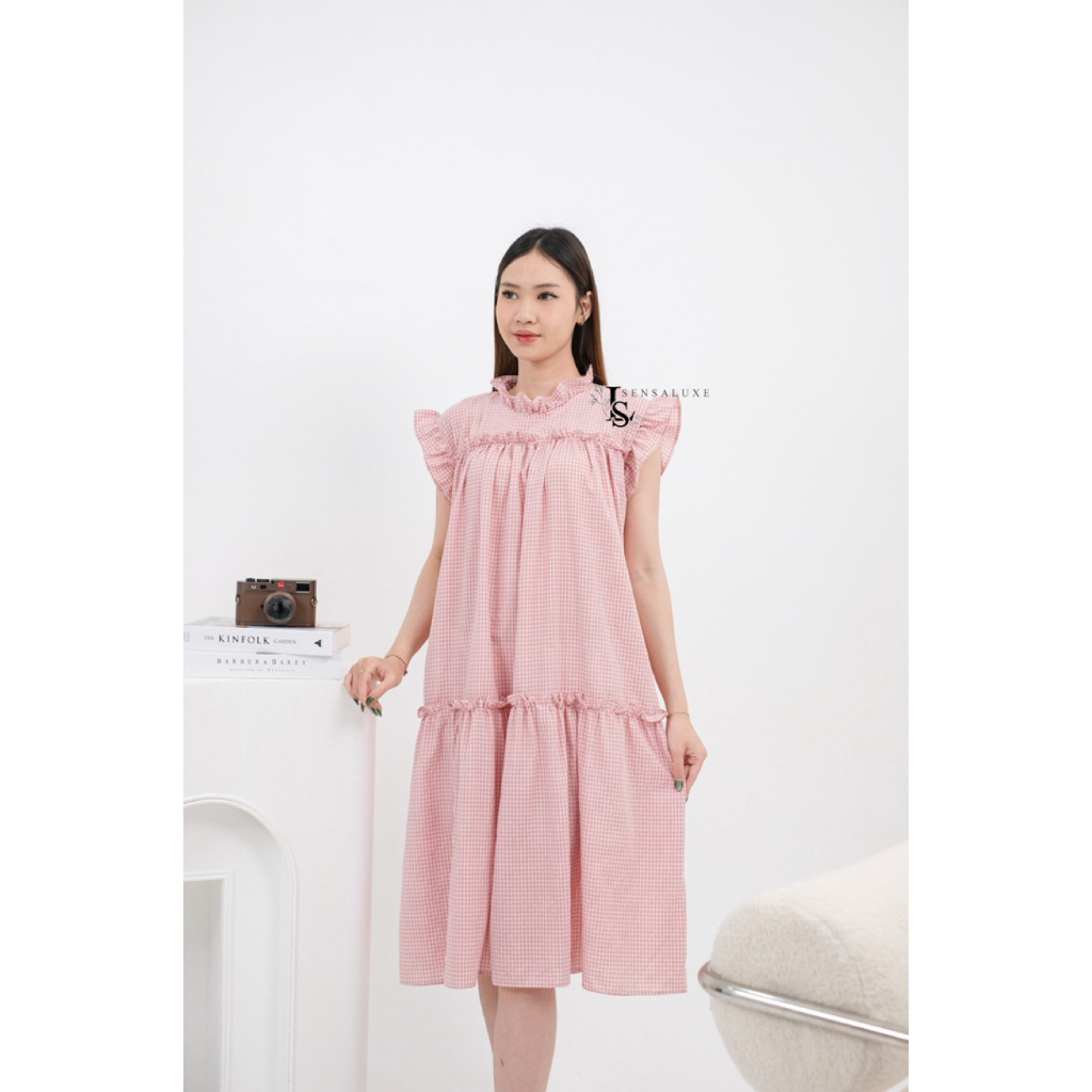 Azhana - Dress Chloe Kerah Ruffle Motif Kotak Kecil | Midi Dress Lengan Pendek Kotak