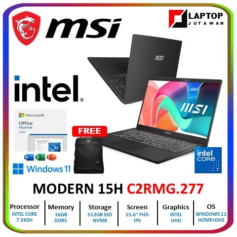 MSI Modern 15H Core I7 240H 16GB 512GB W11+OHS 15.6FHD IPS BLIT 2Y BLK