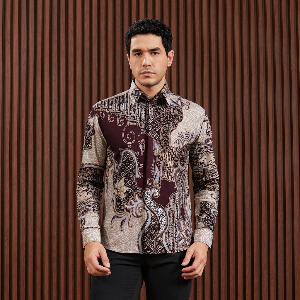 Enzy Batik Kemeja Batik Pria Slimfit Airlangga - Burgundy