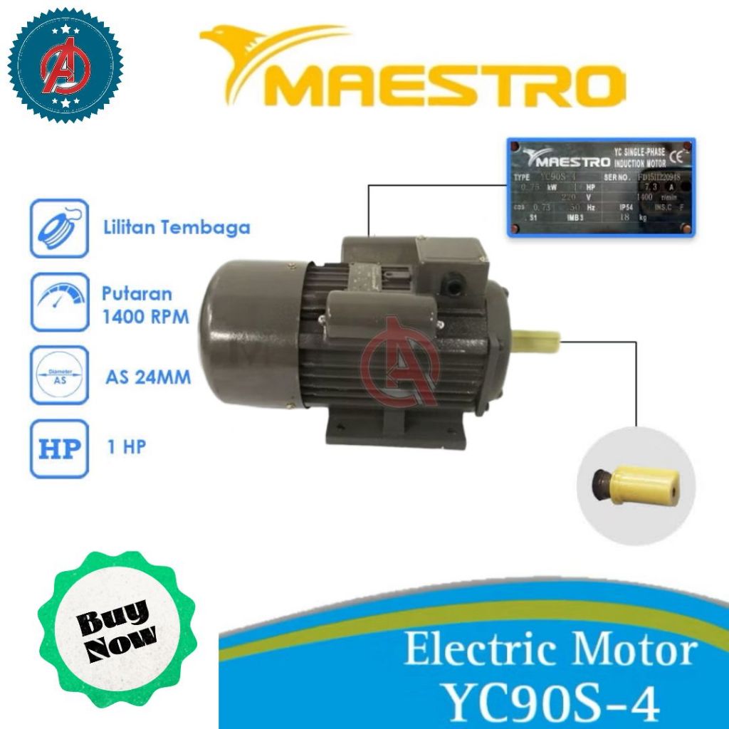 Dinamo Motor Penggerak Listrik 1HP 4P 1Phase 1400Rpm Maestro / Elektromotor Maestro 1HP 2P 2800Rpm 1