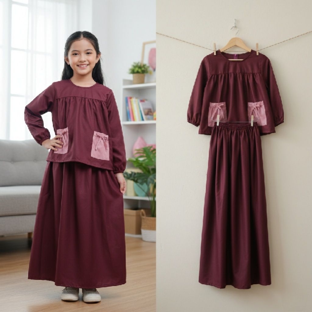 Setelan Gamis Anak Konveksi Saku Pita + Hijab Instan