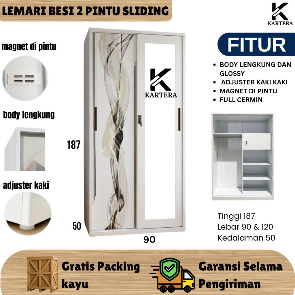 KSH Lemari Pakaian 2 Pintu Besi Sliding Cermin | Lemari Baju Sleding Besi.KARSINDO