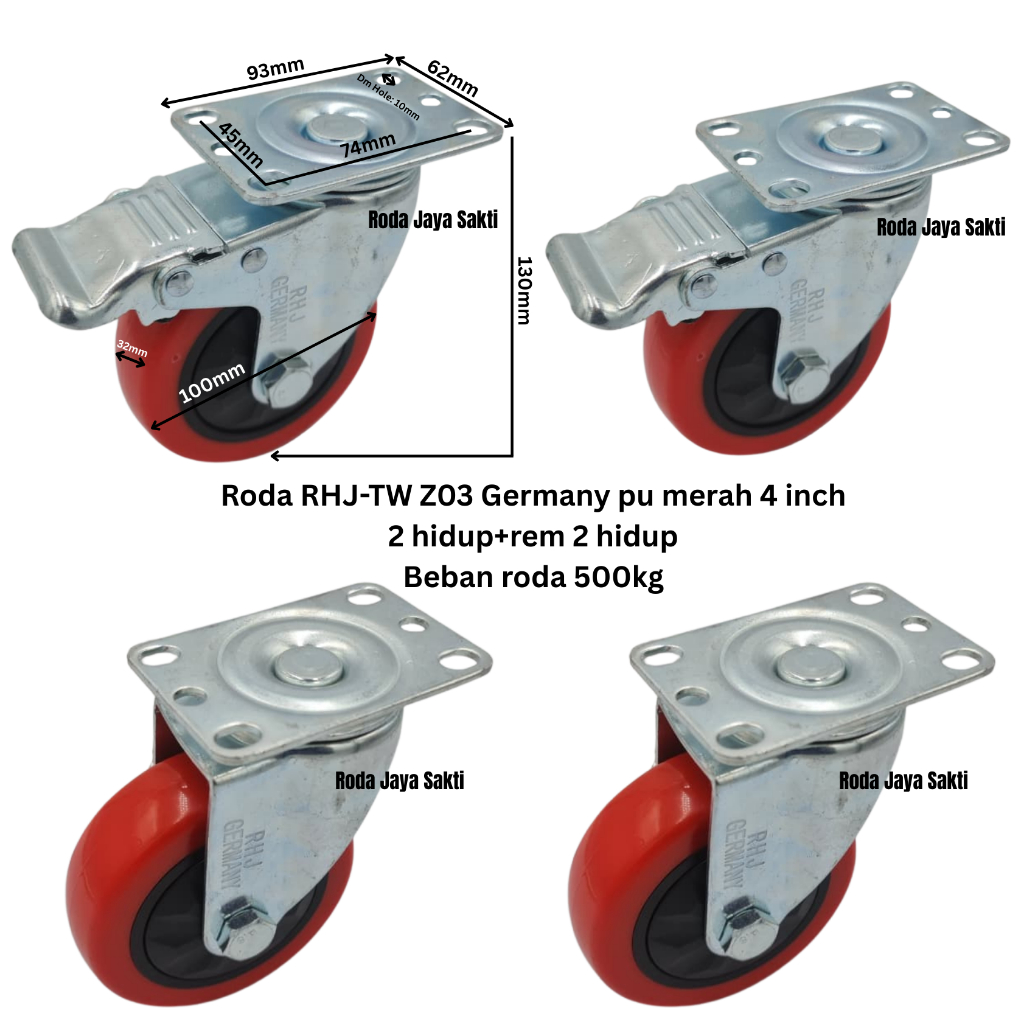 Roda troli 4 inch  RHJ-TW Z03 Germany pu merah 2 hidup+rem & 2 hidup beban roda 500 kg