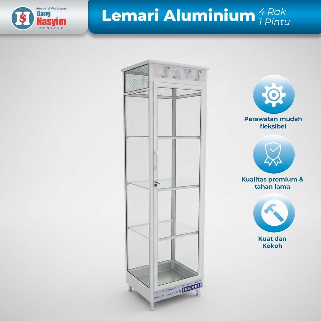BANG HASYIM Lemari Aluminium 4 Rak Lemari Kaca Aluminium Lemari Transparan Lemari Hias Lemari Serbag
