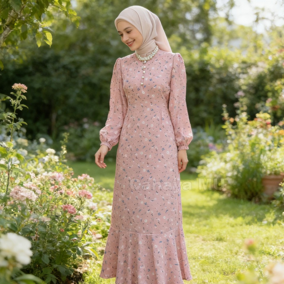 Ready Gamis Floral Korean Fishtail Kekinian /Midi Dress Bunga Wanita Korean Style/Gamis Premium Wani