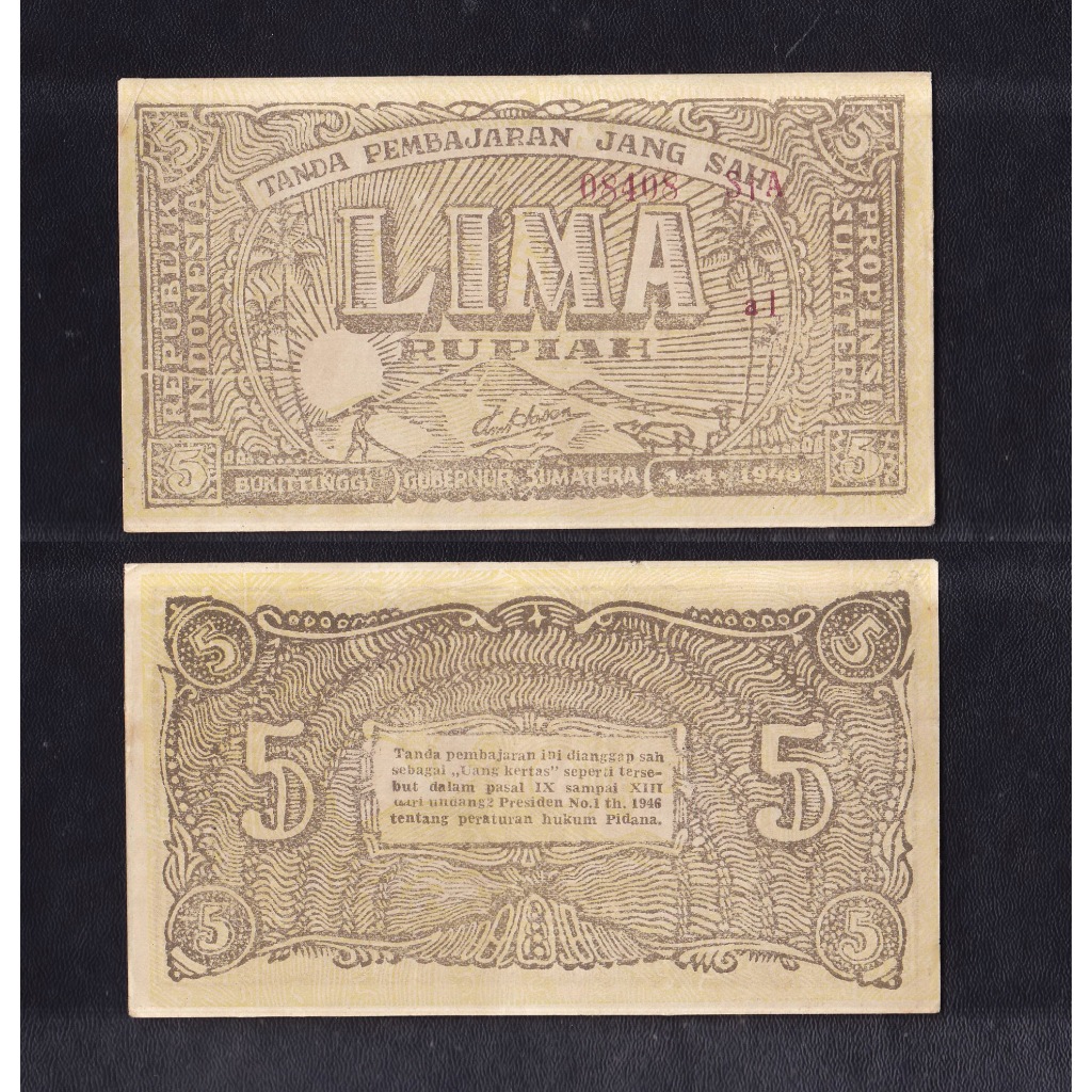 Uang kuno Bukit Tinggi 5 rupiah tahun 1948 Emisi 1 April 1948 (Orida)