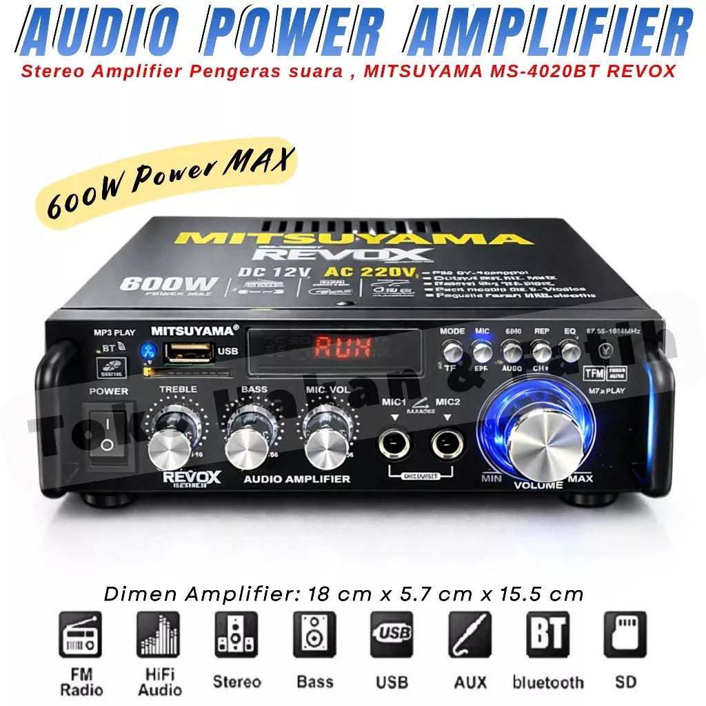 Power Amplifier Pengeras Suara Stereo Karaoke | MITSUYAMA MS-4020BT REVOX , Daya 600Wat , Memiliki 2