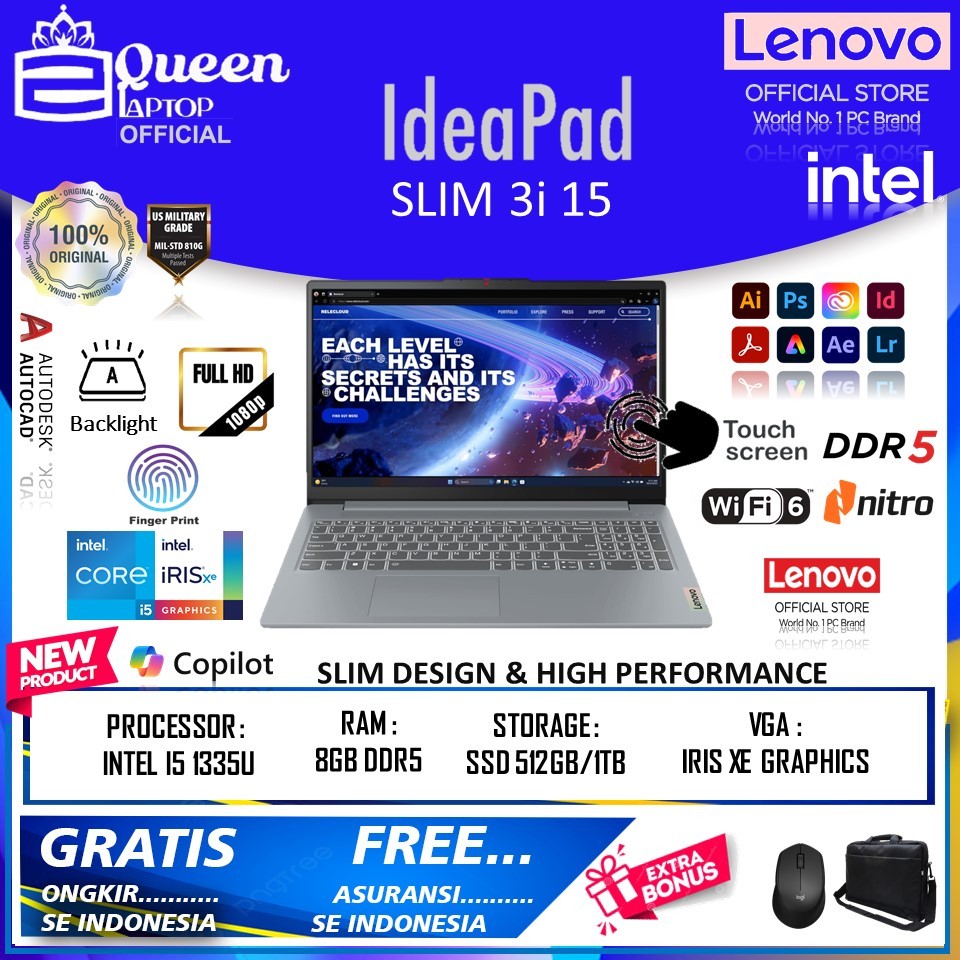 Laptop Lenovo Ideapad Slim 3i 15 INTEL I5 1335U 8GB DDR5 256GB FHD IPS TOUCH BL FP Win 11 Original