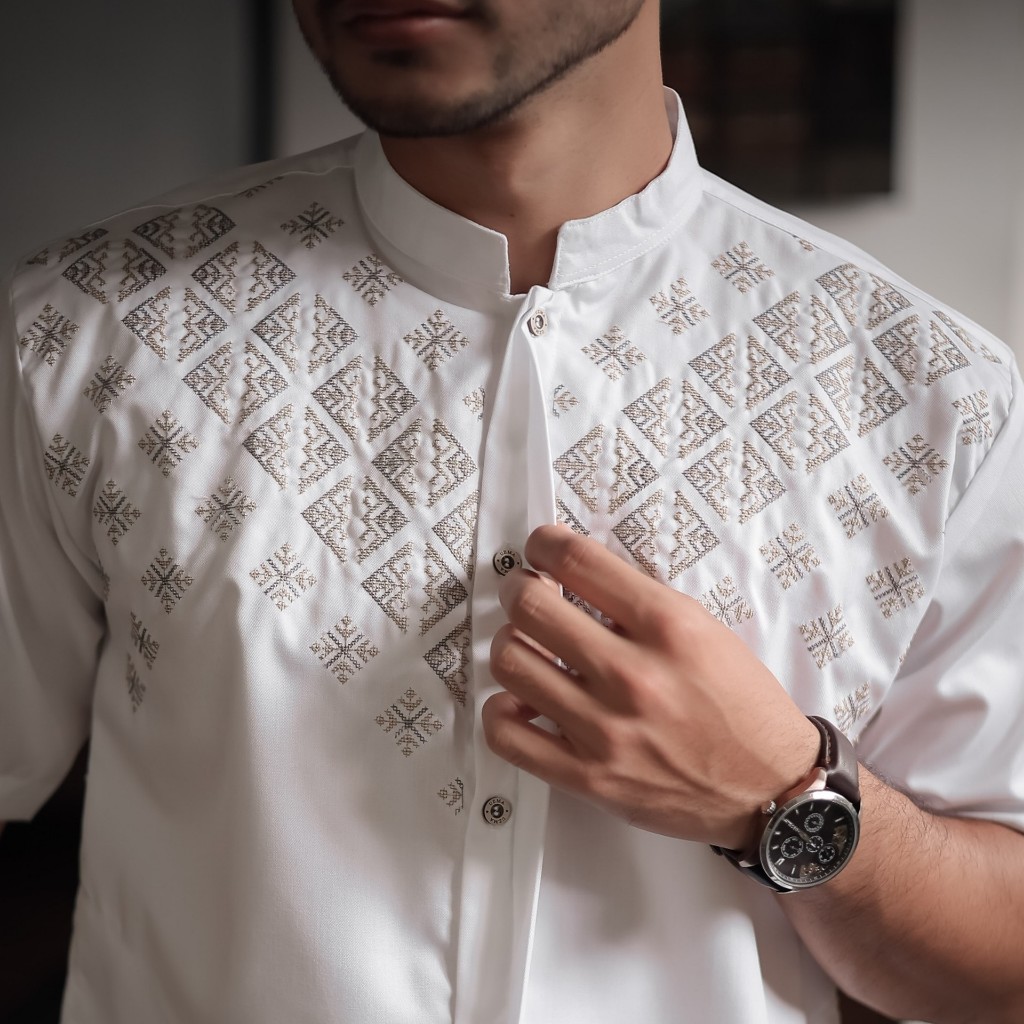 Baju Koko Dewasa Saku Samping Putih Tulang Bordir