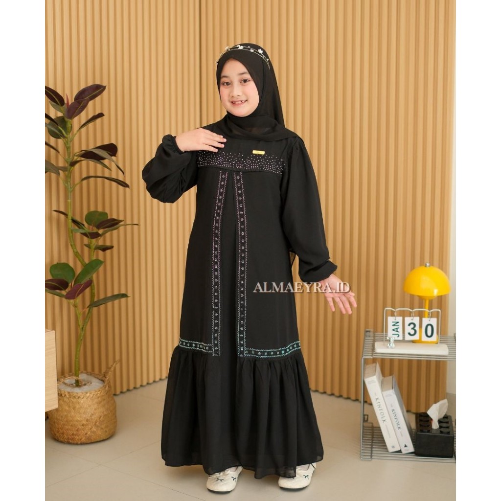 Gamis Anak Perempuan Ghania Dress Ceruty Swarovsky Usia 6-14 Tahun Bahan Ceruty Babydoll Armani