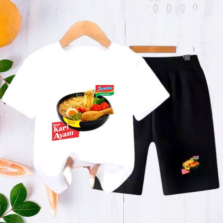Setelan Anak Indomie kariayam – Baju Kaos 2-10 tahun + Celana Pendek Lucu Unik Viral Terbaru