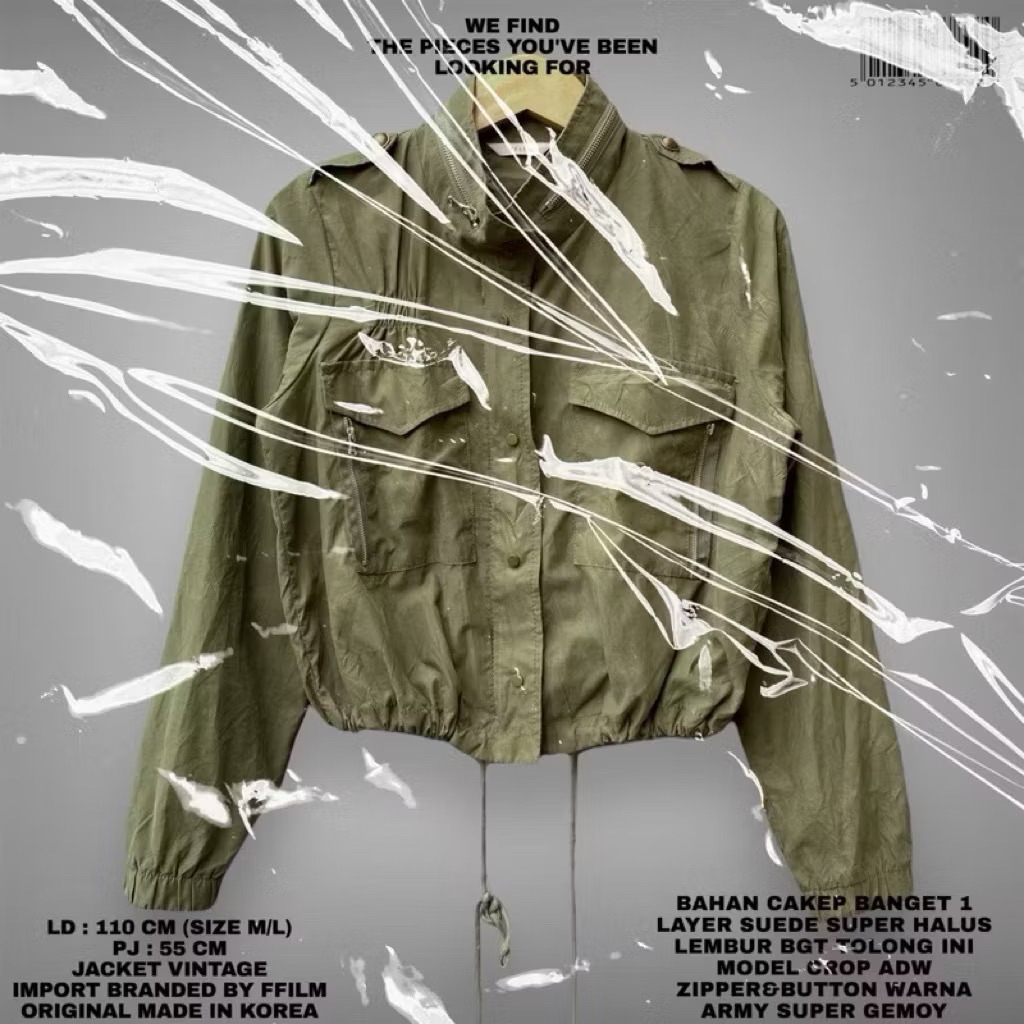 FLASMA/FFILM ORIGINAL JACKET PARKA CROP OVERSIZE KOREAN LOOK/JACKET PARKA CROP ARMY GREEN SUEDE PREM