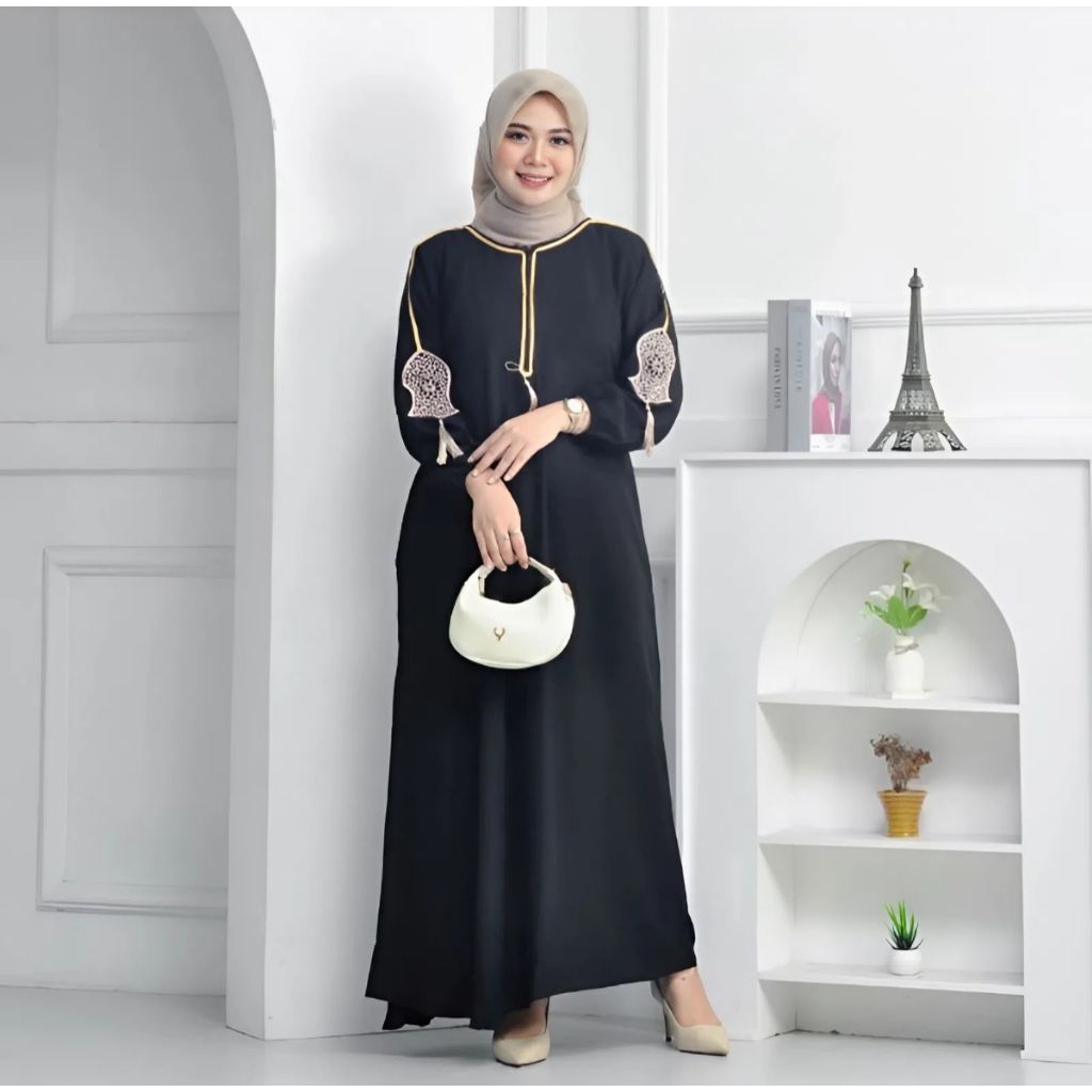 Abaya Hitam Turkey Gamis Maxi Dress Arab Saudi Turki Dubai Terompah Tasle Lengan