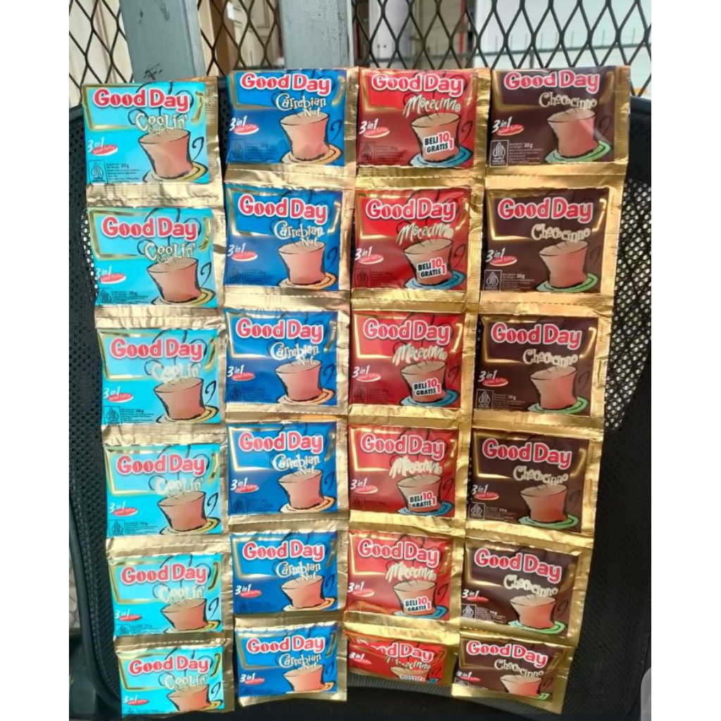 1 karton isi 120 pcs (12×10 renceng)kopi good day sachet rasa moccacino, chococinno, carrebian nut, 