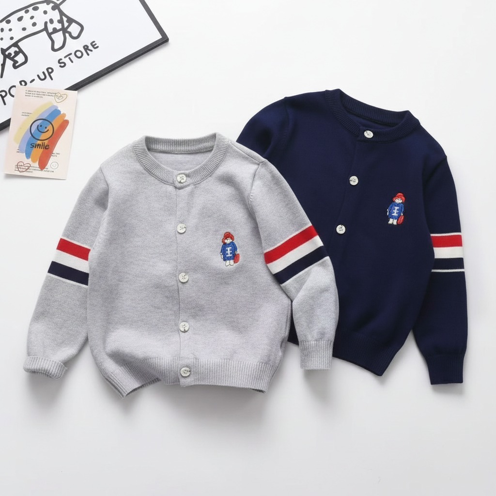 Sweater Polos Anak Laki-laki Kancing Depan Motif Garis Lengan (2 - 3 Tahun)