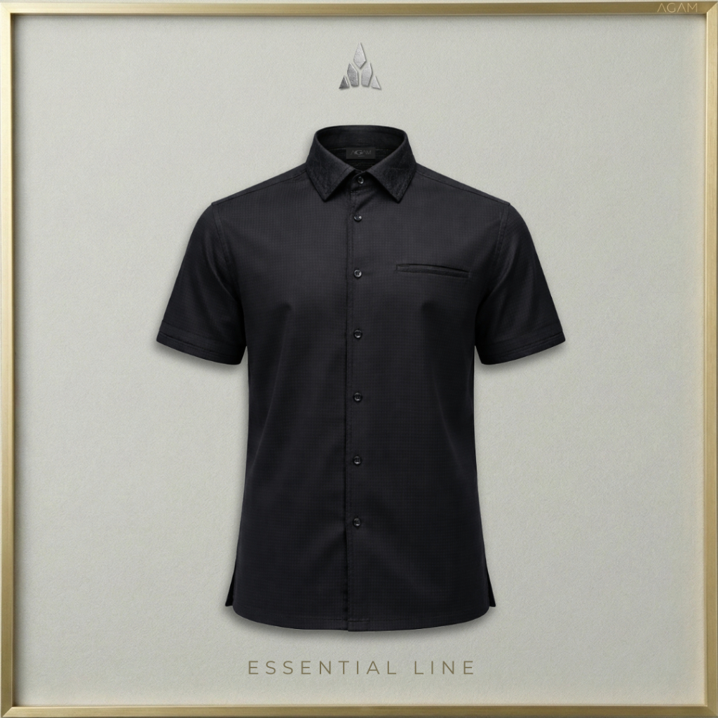 AGAM ESSENTIAL - Kemeja Pria Lengan Pendek Hitam Formal Executive Cut- Structural Jacquard Shoulder 