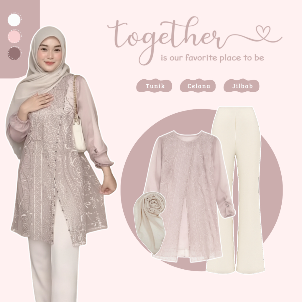 Baju Kondangan 2026 Wanita | Zize Tunik Brukat + Celana Flare + Jilbab | One Set Kondangan - VW18N