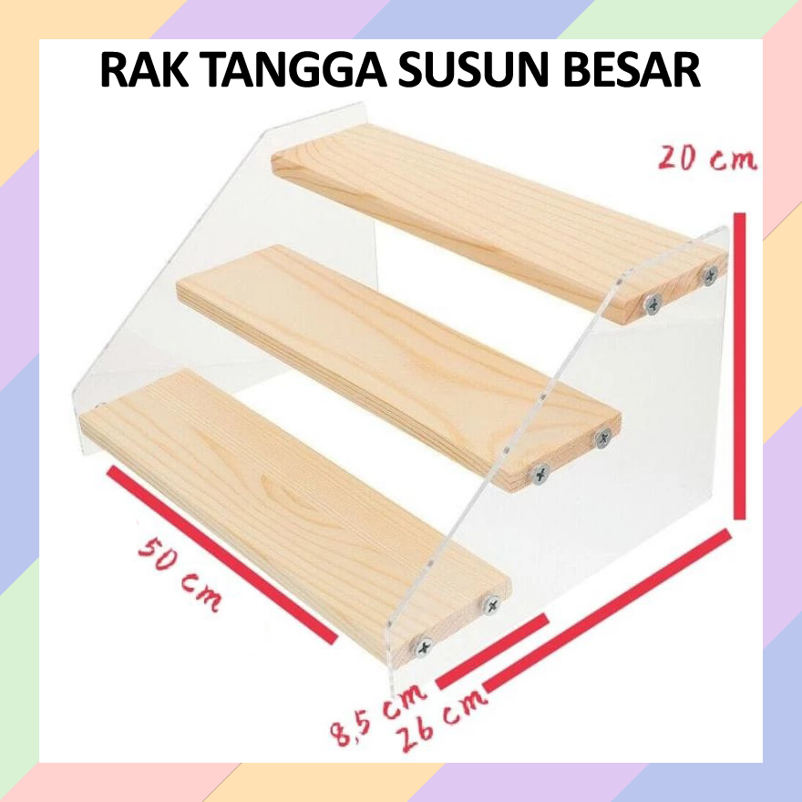GS19 Rak Kayu Akrilik TANGGA BESAR 3 TINGKAT Tatakan Tempat Bumbu Pajangan Display Kosmetik Parfum D