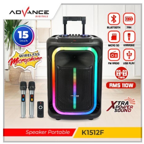 Speaker Advance K1512 J 15 Inch Bass Power 2 Mic LED RGB 3D Equaliser Bluetooth