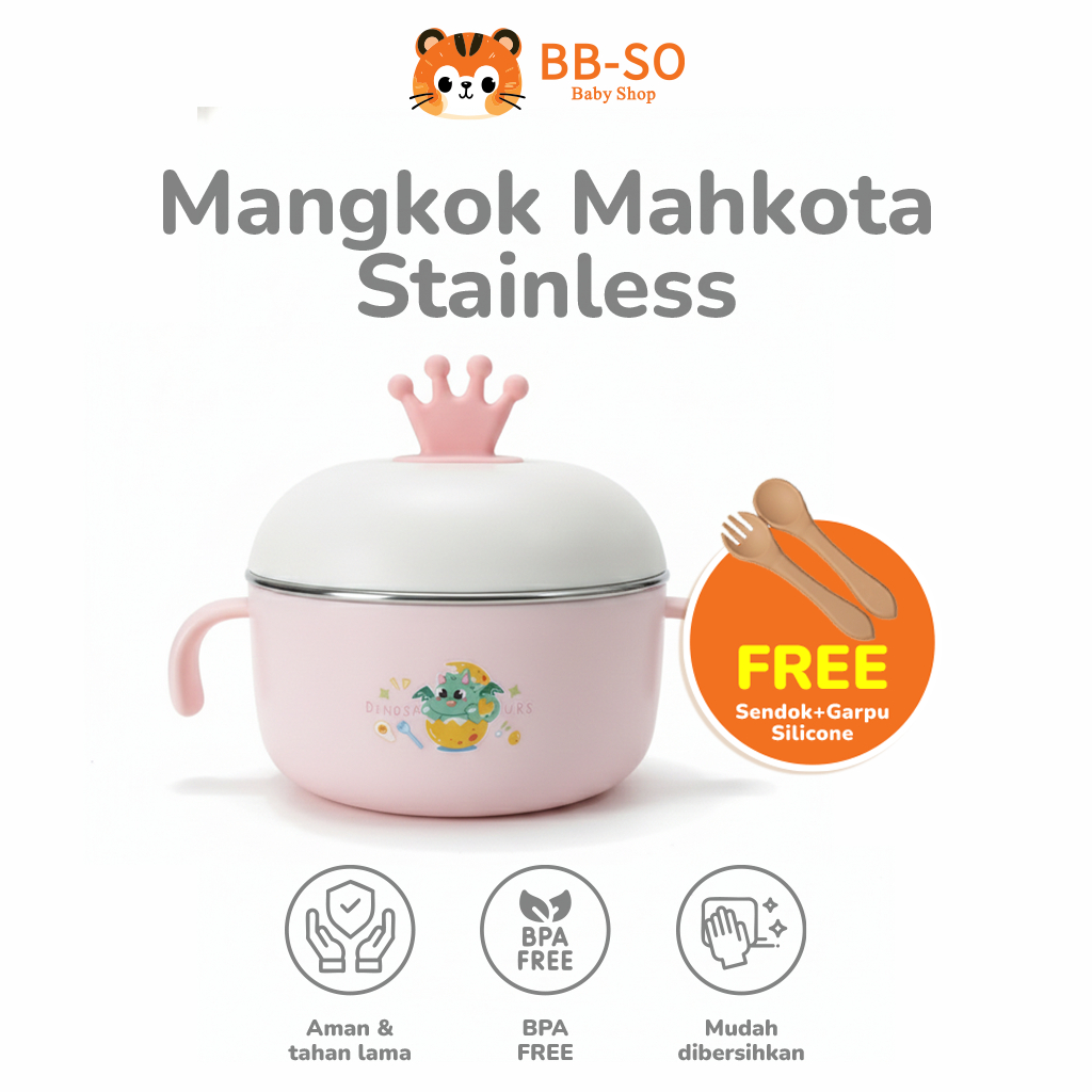 Mangkuk Makan Bayi Stainless Tutup Crown | Anti Panas | Mangkok MPASI Anak Lucu