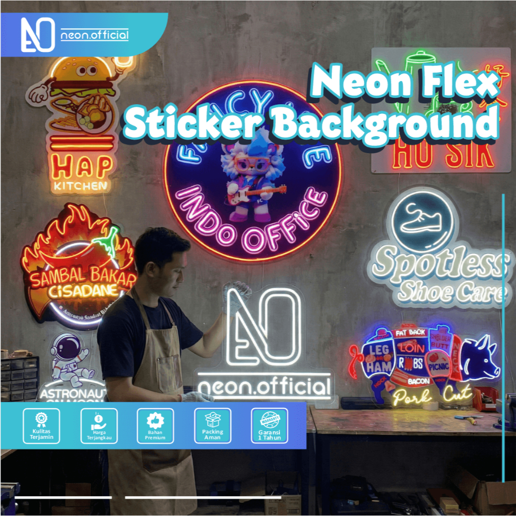 Neon Flex Sticker Background Custom Plang Toko Bentuk Logo Akrilik + Neon LED Nyala Untuk Bisnis
