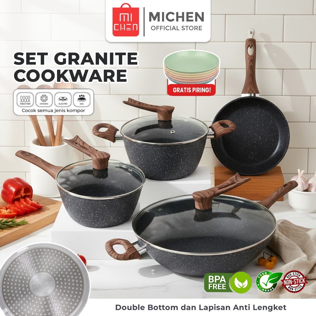 [FREE PIRING] Michen Set Panci Wajan Granit Anti Lengket Premium Tutup Kaca Cookware