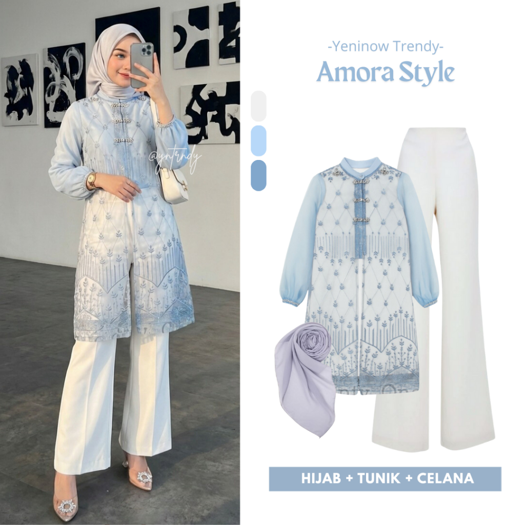 Amora One Set Tunik Brukat Payet, Celana dan Hijab Setelan Wanita Kekinian Outfit Hari Raya Atasan B
