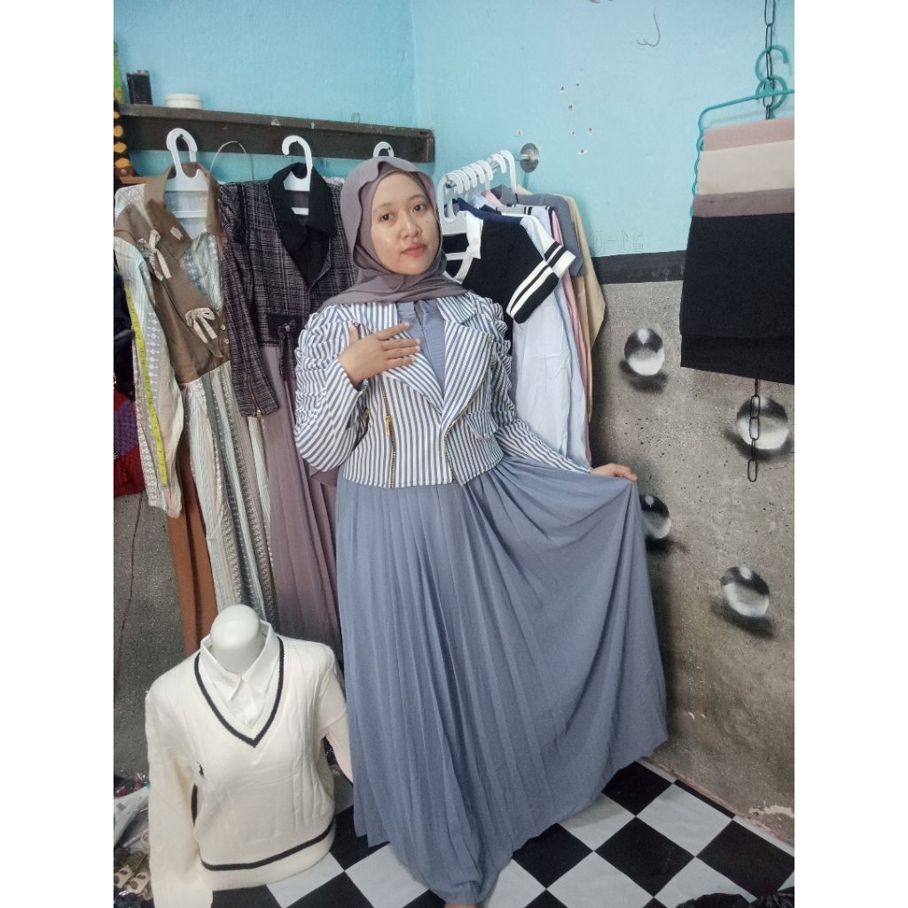 Set Gamis Plisket Blazer Stripe
