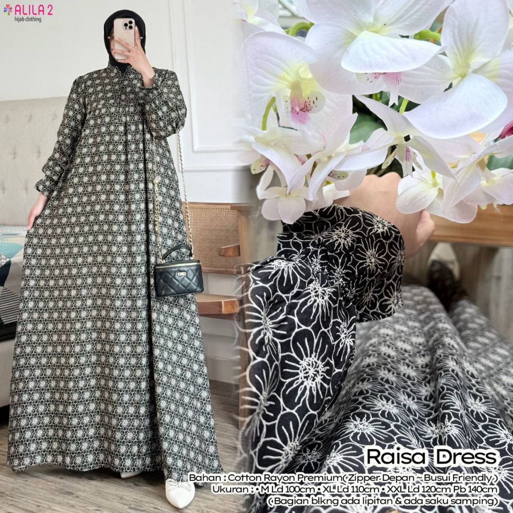 Raisa Dress Gamis Wanita Terbaru M Ld 100 XL Ld 110 XXL Ld 120 Katun Rayon Premium Busui Friendly Me