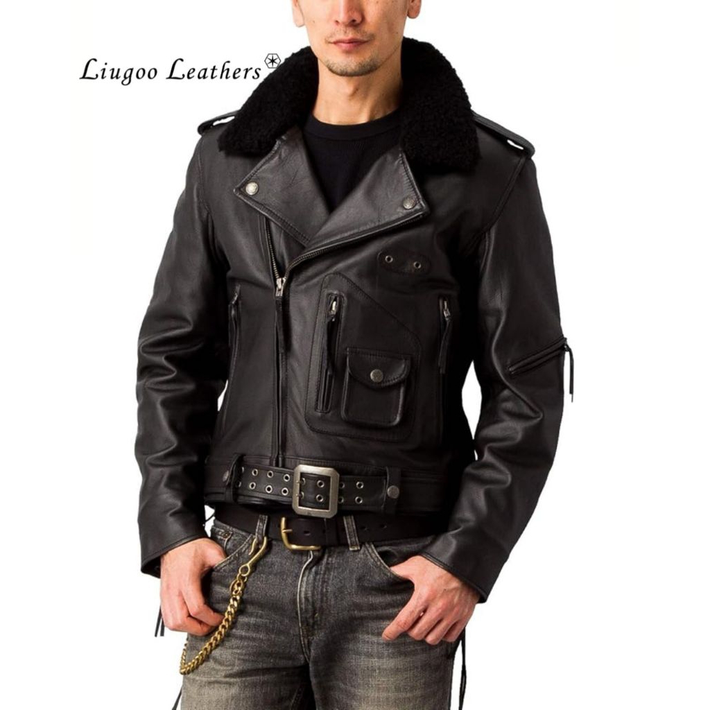 Liugoo Leathers D-Pocket Black Label Leather Biker Jacket Sherpa Lined X Jaket Kulit Avirex Harley D