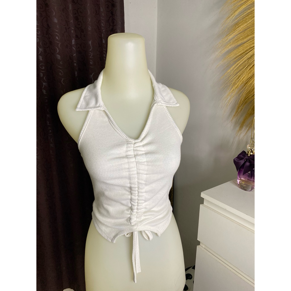 Preloved Baju Atasan Leher Crop Tali Serut Wanita