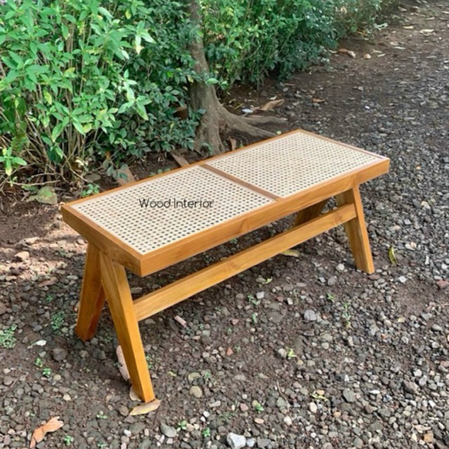 bangku kayu jati rotan | bangku meja makan | kursi rotan panjang