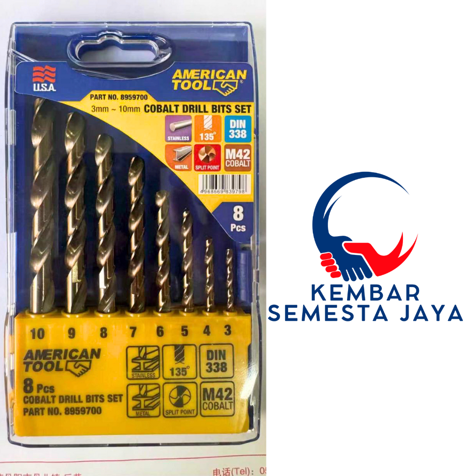 AMERICAN TOOL 8959700 Mata Bor COBALT SET 8 PCS M42 DIN338 3 MM 4 MM 5 MM 6 MM 7 MM 8 MM 9 MM 10 MM 