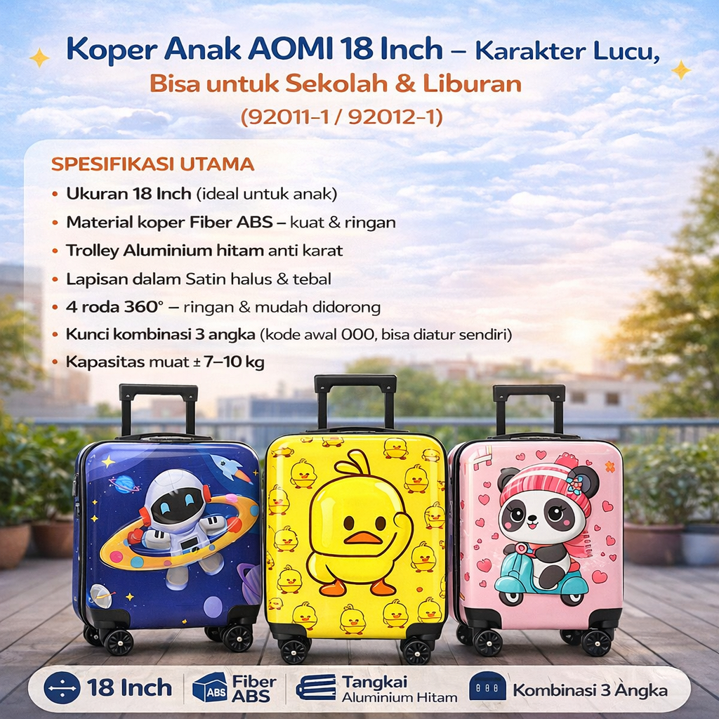 Koper Karakter Anak Tas Koper Bagasi Anak Troli Roda 4 Ukuran 18Inch 92011