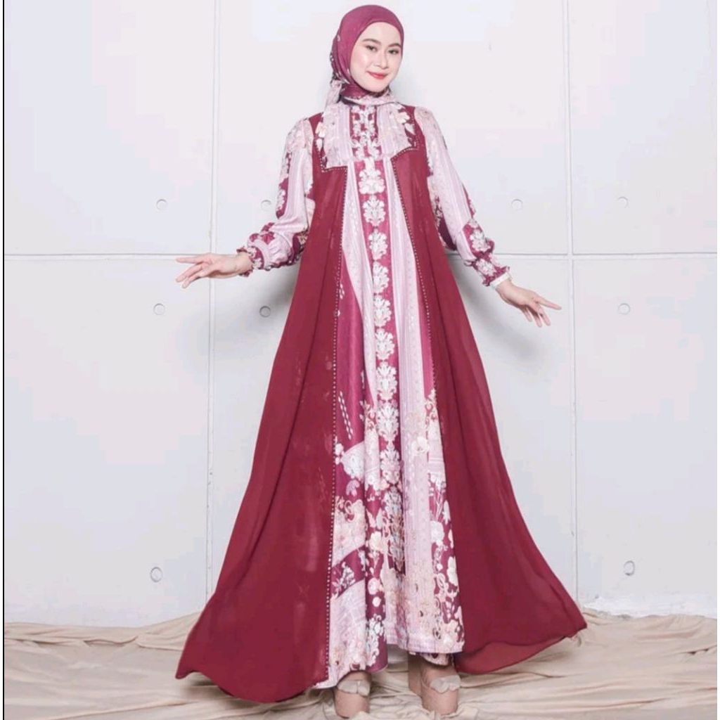 Hiraja -Gamis Set Khimar Wanita Motif Bahan Sakira Silk Mix Ceruty Baby Doll Hiasan Swarovski Mewah