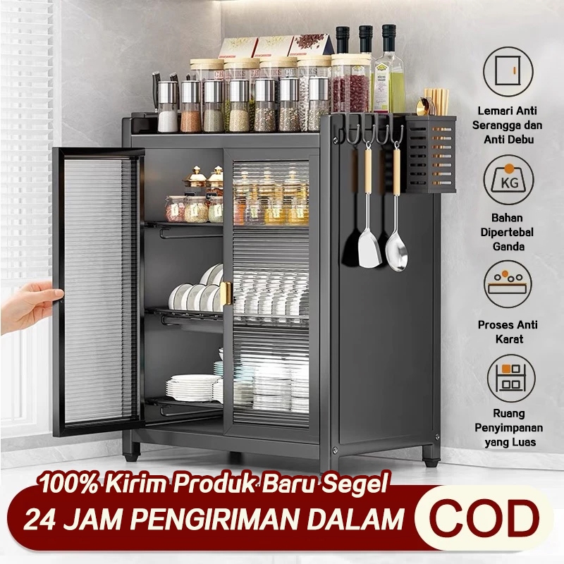 Lemari Piring Dapur Tertutup Penuh Anti Debu 2/3 Lapis Rak Penyimpan Pengatur Piring dan Mangkuk