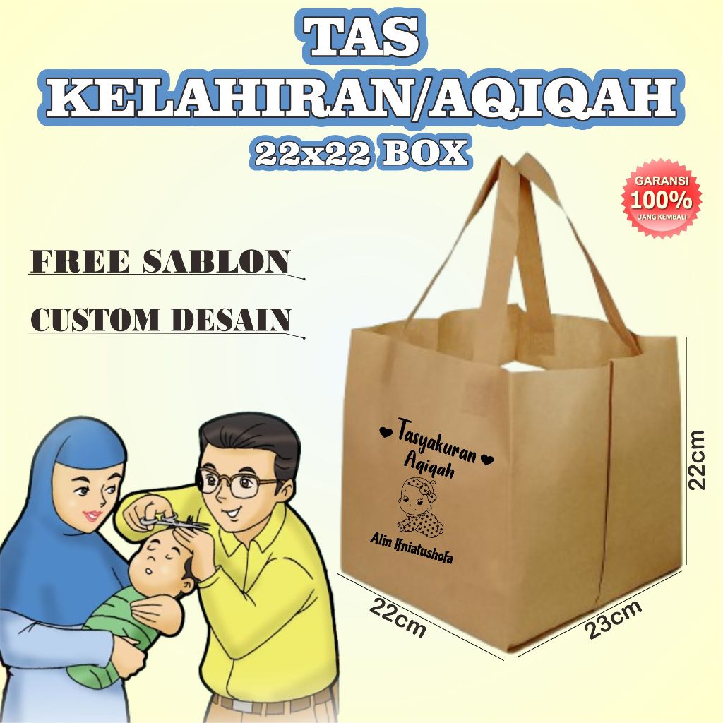 Tas Tasyakuran Aqiqah Nasi Box 22x22 cm FREE CUSTOM SABLON