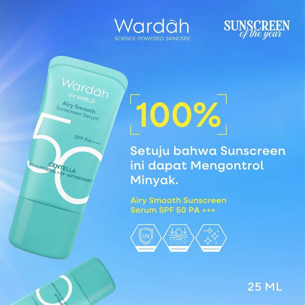 Wardah Sunscreen UV Shield Airy Smooth Serum SPF 50 PA++++ 25ml Single, Twinpack, Triple Pack Sunscr